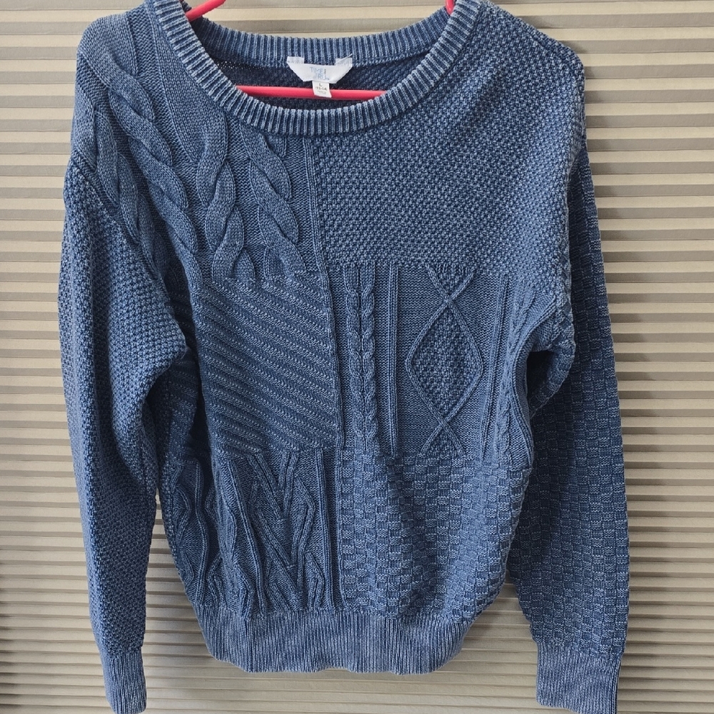 Blue Cable-Knit Patchwork Sweater Distressed- Women Size Large